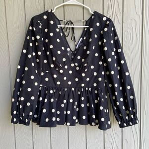 Derek Lam 10 Crosby Savannah Cotton V-Neck Polkadot Peplum Top - SZ 8